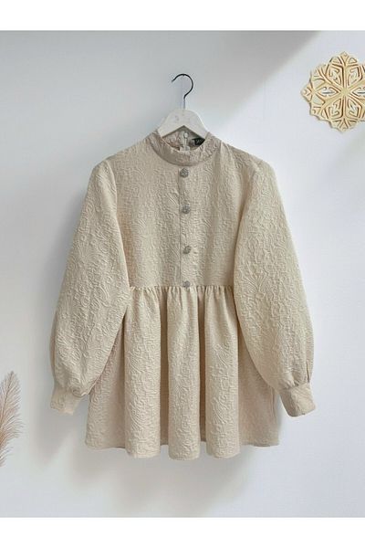 Modamorfo Tunic with stone button detail on the front and zipper on the back - beige