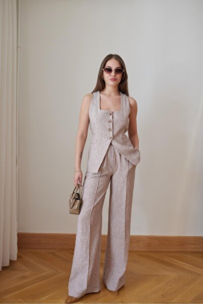 FEMMESTUDIO Set de pantaloni și vestă cu guler pătrat, detaliu de legare la s...