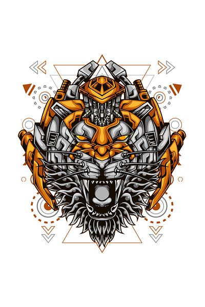 StoryGift Romania Sticker Label 50CM With Tiger Head, Mecha, Robot, Geometric, Cyberpunk, with White Borders, P