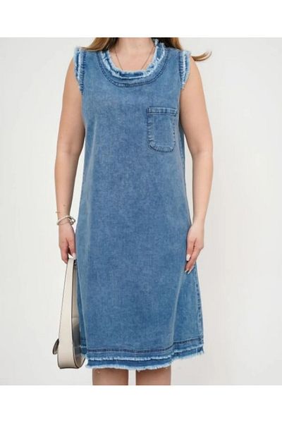 ozzıy34 Lycra Zero Sleeve Denim Dress