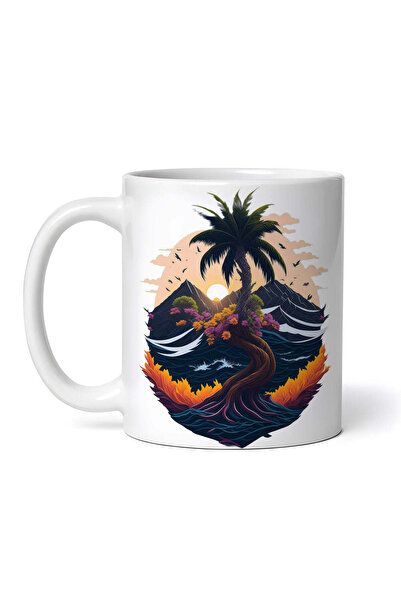 OEM Cană albă personalizată, peisaj montan cu palmieri, INOVATIX®. 330ml