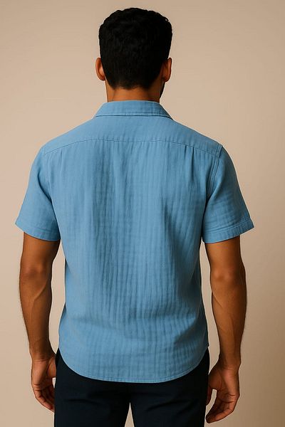 enmodaiçgiyim Ανδρικό κοντομάνικο πουκάμισο BEBE BLUE 100% βαμβακερό ύφασμα μουσελίνας