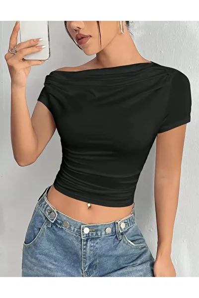 peri tower New Product Women's Off Shoulder Pleated Detailed Viscose Blouse (Not Crop) 0029