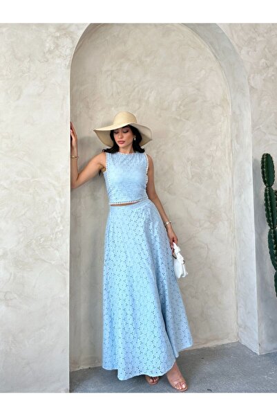 Viskosa Brode Double Set – Crop Top and High Waist Maxi Skirt Summer Combination"