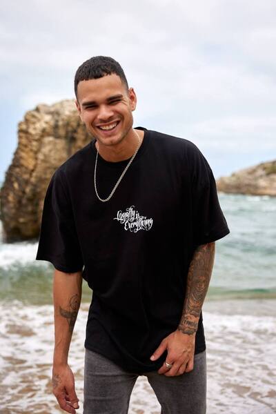 Garalio Tricou oversize unisex negru din bumbac cu gât rotund ARASMEN PREMIUM