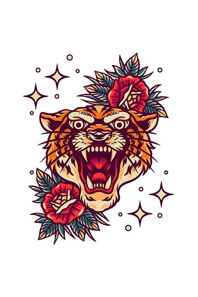 StoryGift Romania Sticker Label 50CM With Tiger Head, Roses, Leaves, Stars, Polka Dots, with White Borders, PV