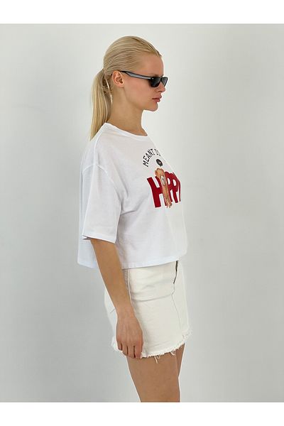Miss Poem Women's Teddy Bear Printed White T-Shirt