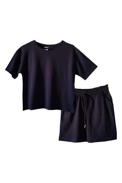 VivaJoy Women's Navy Blue Pique Modal Fabric Shorts Bottom Top Set
