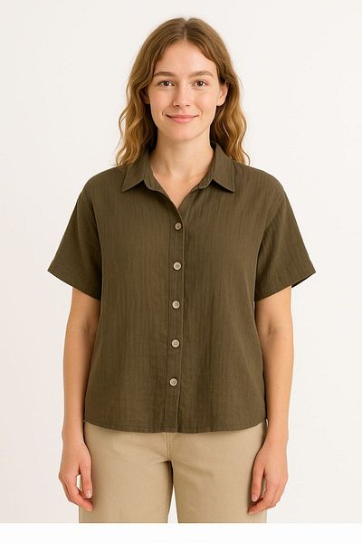 enmodaiçgiyim KHAKI GREEN 100% βαμβακερό ύφασμα μουσελίνα κοντομάνικο γυναικείο πουκάμισο
