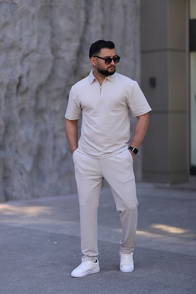 cto your style Men's Polo Neck T-Shirt Comfortable Tooling Zipper Detailed Bottom Top Suit