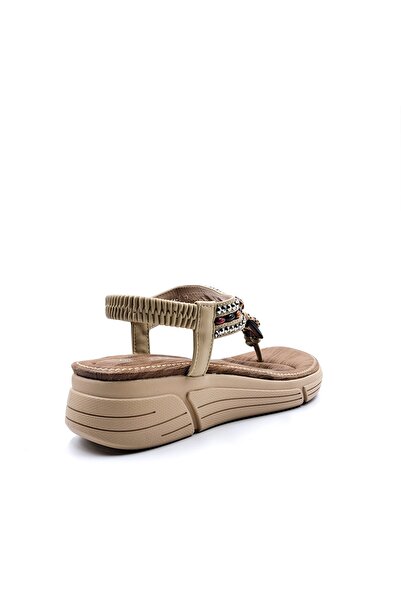 Guja Stone and Bead Detailed Elastic Wedge Sole Beige Flip Flops Women's Sandals