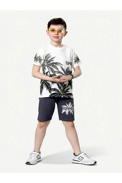 krm kerem bebe New Season Boy's Palm Tree Patterned Summer Suit