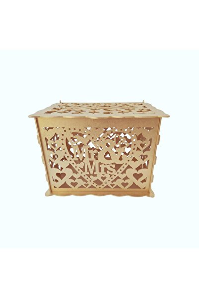 decoratiuniromania Cutie dar miri, cutie dar din lemn, cutie carduri pentru nunta, Mr&Mrs, auriu, 30x24x22.5CM