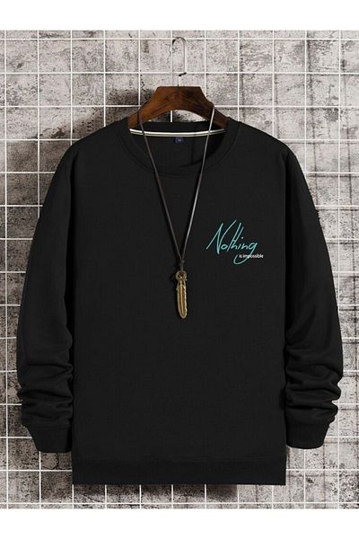 DUBU BUTİK Unisex Oversize Nothing Print Crew Neck Μαύρο φούτερ