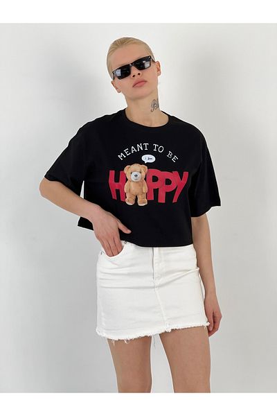 Miss Poem Women's Teddy Bear Printed Black T-Shirt