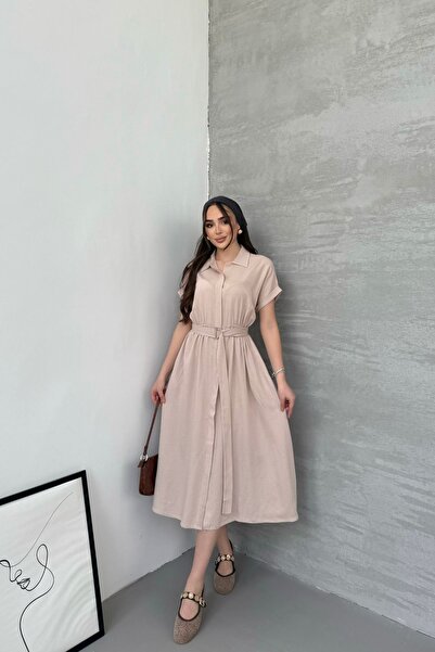 Mezka Krem Gömlek Yaka Kemerli Keten Kısa Kollu Midi Elbise