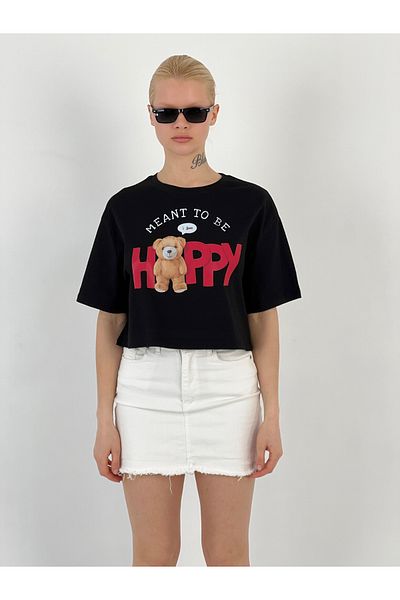 Miss Poem Women's Teddy Bear Printed Black T-Shirt