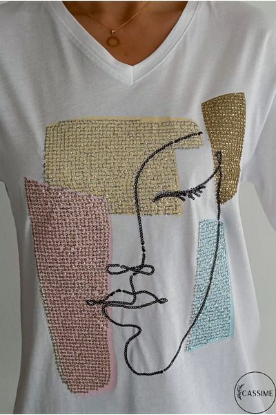 Cassime Tricou alb pentru femei, mărime mare, cu model de față, brodat cu paiete, 100% bumbac, mărime mare, XL-2XL-3XL