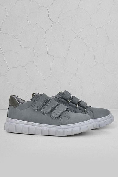 Rakerplus Pantofi de școală sport casual pentru copii din piele naturală, gri cu velcro
