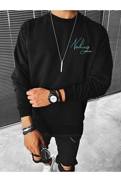 DUBU BUTİK Unisex Oversize Nothing Print Crew Neck Μαύρο φούτερ