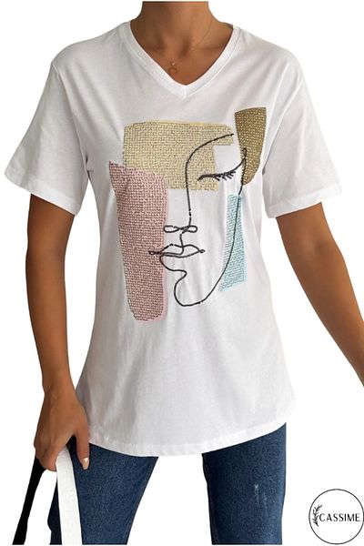 Cassime Tricou alb pentru femei, mărime mare, cu model de față, brodat cu paiete, 100% bumbac, mărime mare, XL-2XL-3XL