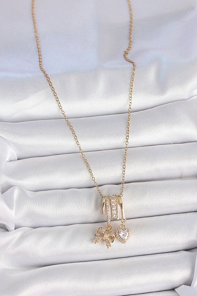 Skygo 316L Steel Gold Color Dangle Bow Heart Figure Charm Women's Necklace - Tj-Bko10103