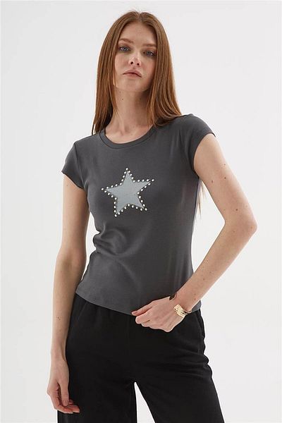 Fashion Friends Γυναικείο μπλουζάκι με λεπτομέρεια με στάμπα 100% βαμβακερό ανθρακί 25Y0562K1