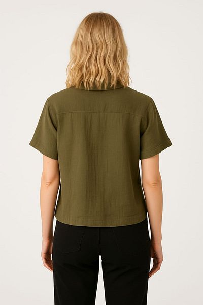 enmodaiçgiyim KHAKI GREEN 100% βαμβακερό ύφασμα μουσελίνα κοντομάνικο γυναικείο πουκάμισο