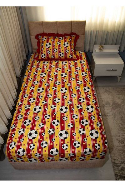 Elena textile & underwear Frilly Single Cotton Fitted Sheet Set Pillow Fan Set Yellow Red