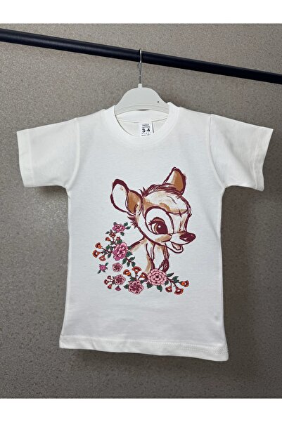 miniktavşanlarkids 100% Cotton Girl's Floral Patterned Cute Deer Printed T-Shirt and Capri Set - 1-10 Years