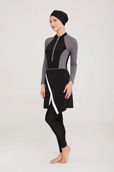 Bordomix 4457 Women's Black Color Blocked Swimsuit Hijab Swimsuit with Convertible Skirt