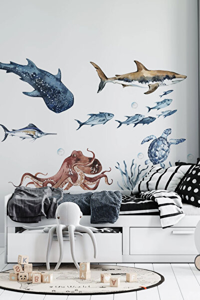 KT Decor Underwater World Ocean Creatures Watercolor Wall Sticker Set