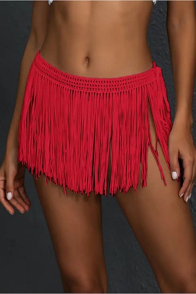 pistore Red Tasseled Crochet Knitted Pareo Skirt