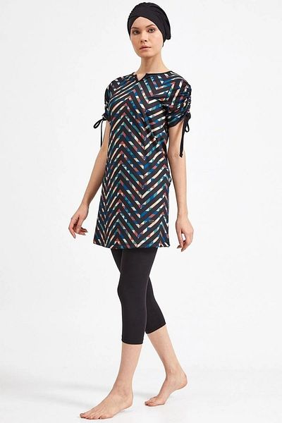 Bordomix 3410 Women's Black Patterned Sleeve Shirred Short Sleeve Swimsuit Set