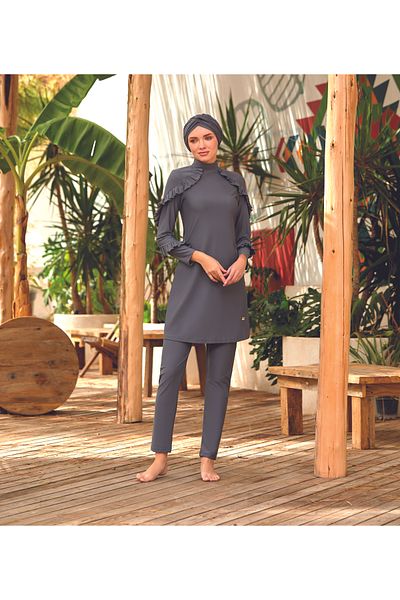 Bordomix 4104 Women's Anthracite Ruffled Closed Hijab Swimsuit (with Large Size Option)