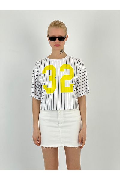 Miss Poem Women's Printed Black Striped White T-Shirt