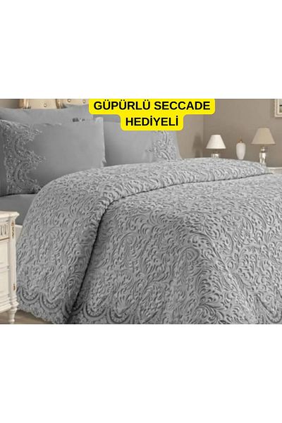 HAYRAN HOME Special Boxed Gray Double French Laced Dowry Bridal Blanket Set Gray