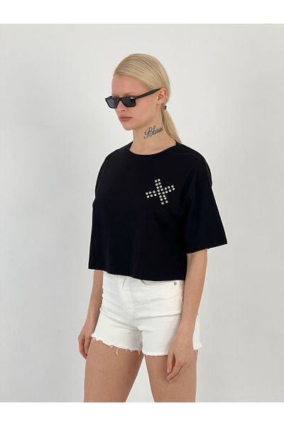 Miss Poem Women's Black T-Shirt with Stones on the Chest