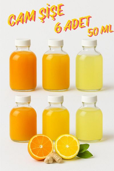 Tanemce 6Pcs Glass 50ml Mini Shot Ginger Detox Bottle with Plastic Leak Proof Lid Cologne Fragrance Ornament Small Bottle