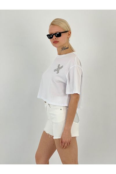 Miss Poem Women's White T-Shirt with Stones on the Chest