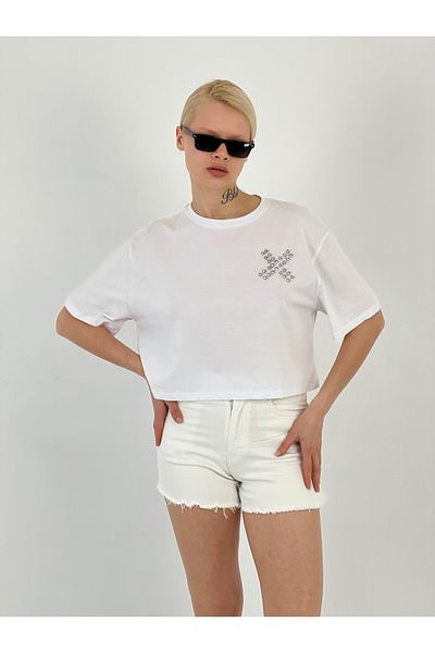 Miss Poem Women's White T-Shirt with Stones on the Chest