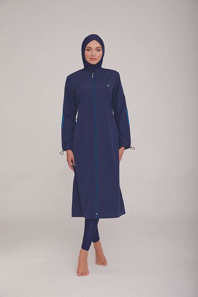 Bordomix 1314 Women's Navy Blue Zipper Detailed Long Hijab Swimsuit