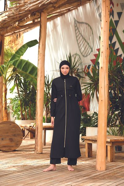 Bordomix 1267 Black Complete Zippered Adjustable Long Hijab Swimsuit (with Large Size Option)