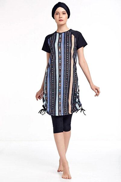 Bordomix 3409 Women's Black Color Skirt Tip Adjustable Short Sleeve Swimsuit Set