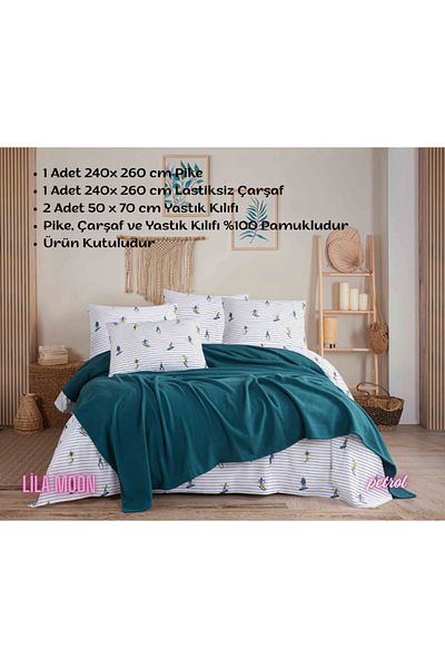 Beğenal 100% Cotton Dance of Colors Sky Petrol Blue Colored Double Pique Set