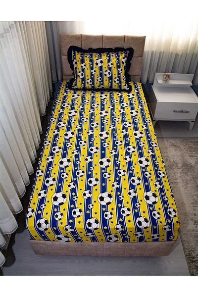 Elena textile & underwear Frilly Cotton Single Fitted Sheet (Padded) Fan Set Yellow Navy Blue