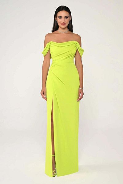 ALFABETA Off Shoulder Side Slit Crepe Long Evening Dress