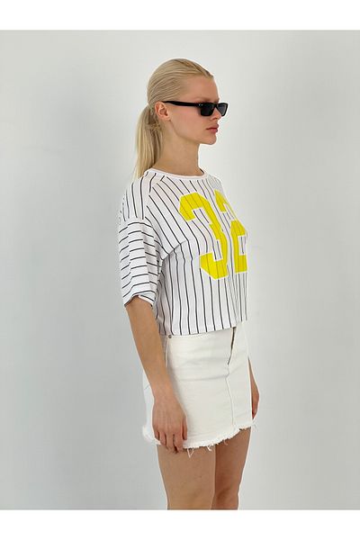 Miss Poem Women's Printed Black Striped White T-Shirt