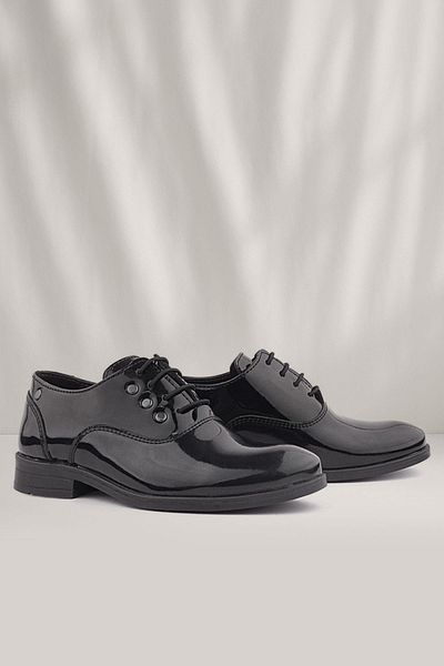 Rakerplus Tuxedo Black Patent Leather Laced Metal Detailed Children's Classic Shoes