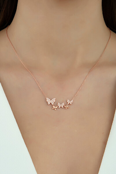 SARIASLAN Kırmızı Altın Rengi 925 Ayar Gümüş Kelebek Kolye